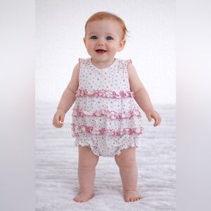 Kissy Kissy Baby Girl Heart Print Ruffle Bubble Romper One Piece Pink Size 6–9M